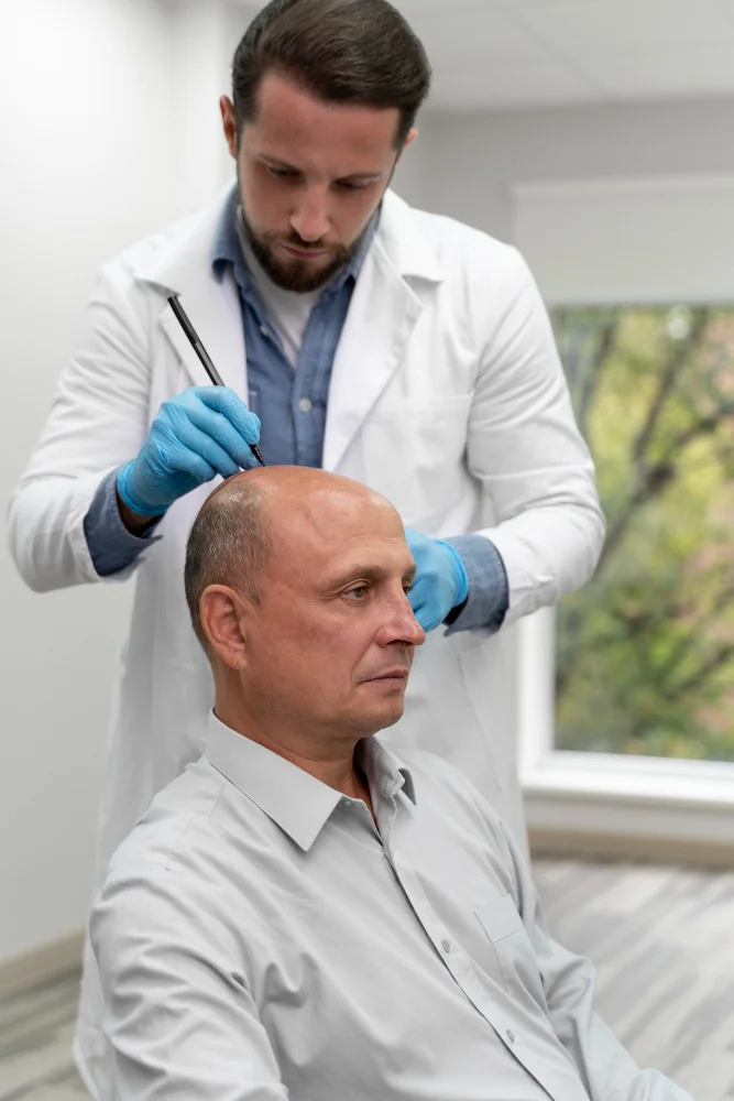 Doctor examining a patient's scalp to assess hair loss