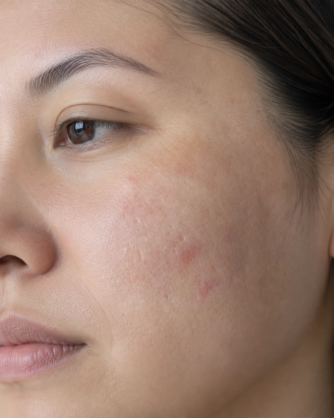 A physician assessing acne scarring on a patient's skin at Hokama Najd