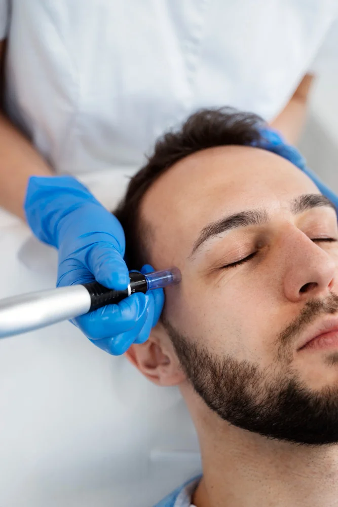 Male technician performing a laser hair removal session for a male patient at Hokama Najd